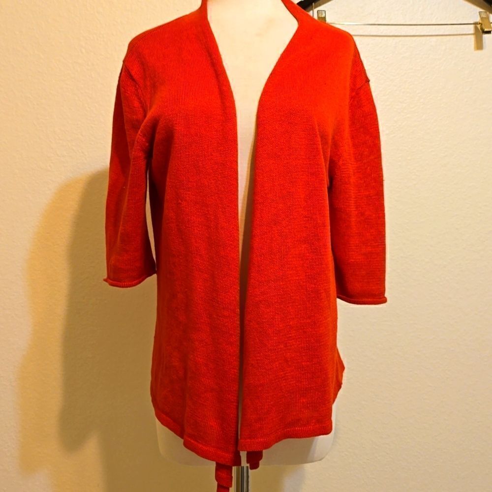 Eileen Fisher medium Cardigan Sweater Linen Orange Short Sleeve Open Front Women